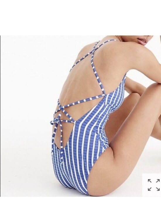 J. Crew Other - J.Crew Size 10 Blue White Lace Up Back One Piece Swimsuit Puckered Stripe H2911